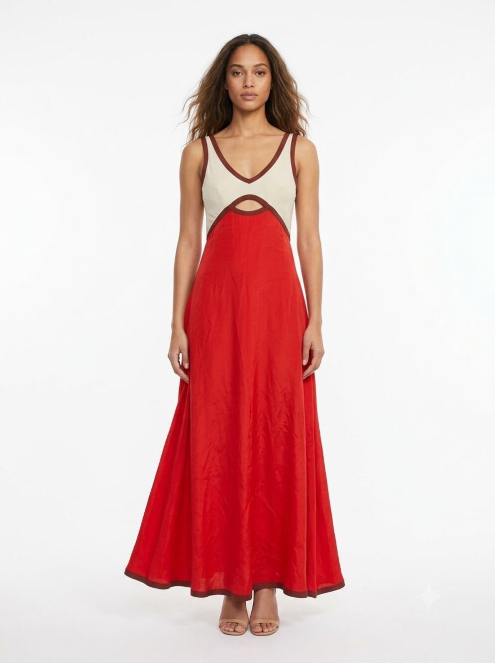 Sancia The Aubrey Maxi Dress Women's M Red Cream Colorblock Cutout Wide Strap